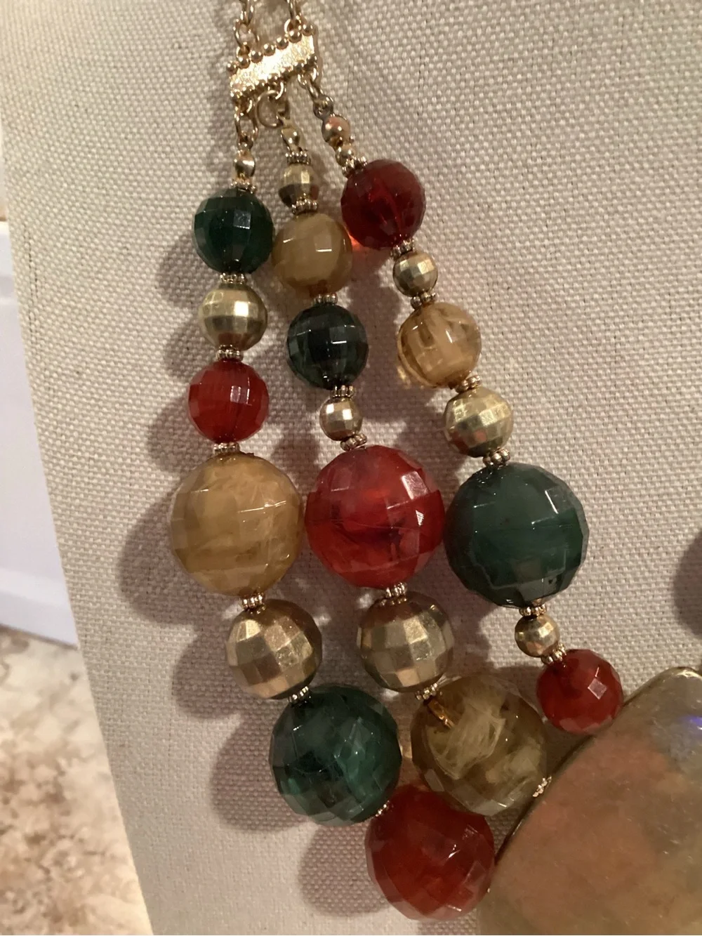Multi-Strand Faceted Acrylic Drop Necklace in Red, Green & Gold